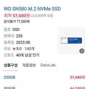 WD SN580 M.2 SSD 2TB 팝니다