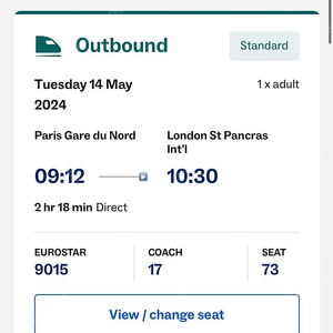 (급급 긴급 처분)유로스타 5/14 파리 - 런던 성인 1장 양도