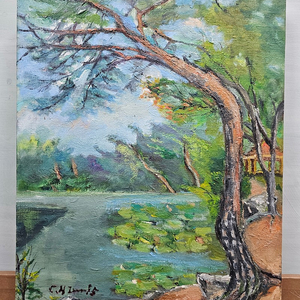 캔버스유화 소나무 호숫가풍경 유화그림 40x53cm 서양화 인테리어소품