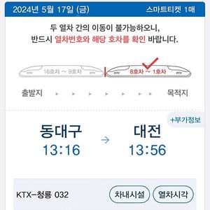 KTX 청룡 좌석 양도 5월17일 동대구>대전