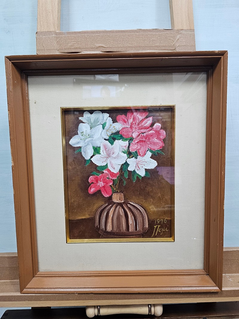 76년 캔버스유화 화병속꽃 철쭉유화그림 39x44cm 서양화