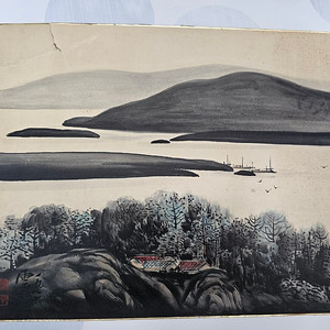 오래된 동양화 운산 수묵산수화 두꺼운지판 그림 낙질 40x32cm