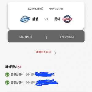 5월 25일 롯데 삼성 야구티켓 중앙상단 2연석