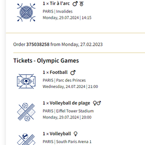 파리올림픽 티켓 정가 판매. 양궁(남자팀결승), 배구, 비치발리볼(7/29~7/31)