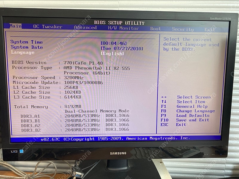 AMD Phenom II X2 555 CPU, 3.2 GHz AM3 + 메모리 삼성 2*4=8GB +770ICAFE보드+무소음쿨러+사제팬
