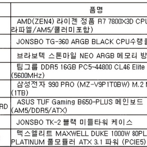 게이밍pc 팝니다 7800x3d 반본체 그래픽카드X