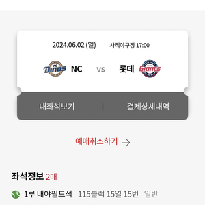 6월 2일 일요일 롯데 NC 1루내야필드석 2연석