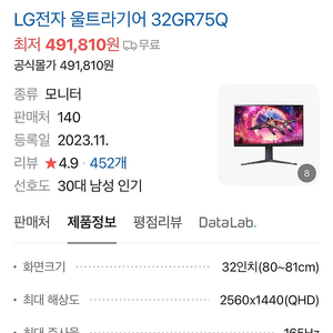 LG 32GR75Q 미개봉판매합니다. [32GRP750의 후속 모델]