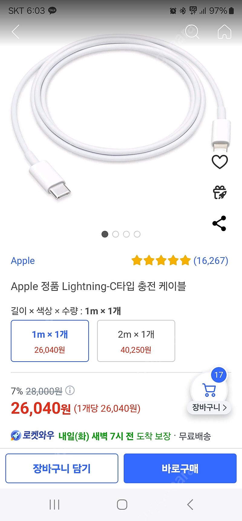 Apple 정품 Lightning-C타입 충전 케이블