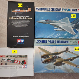 새제품 타미야 (TAMIYA) 1/48 Fi156C (피젤러 슈토르히) & F-15A EAGLE (이글) & Bf109 (메서슈미트) & P-38 라이트닝 판매합니다.