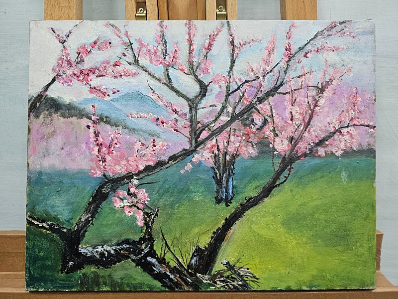 캔버스유화 과수원 복숭아꽃 풍경 유화그림 41x32cm 서양화 인테리어소품