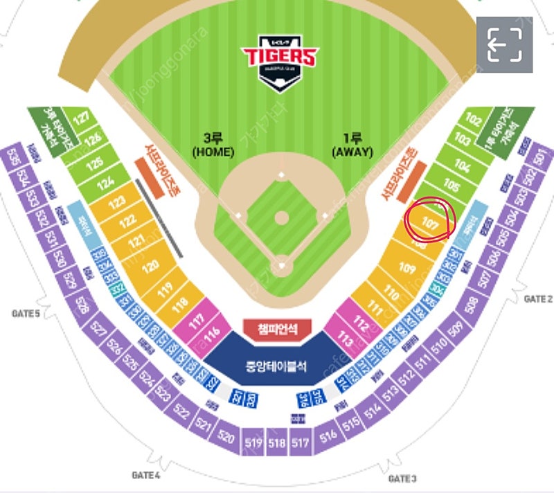 6월1일(토) 기아타이거즈 vs KT위즈 광주 챔피언스필드 1루 원정 응원석 k8 107블록 2연석 판매