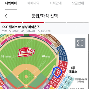 6/5(수) SSG vs 삼성 인천 1루 응원석 통로 2연석 원가