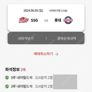 6월 9일 롯데 vs SSG 3루 내야필드석 2연석