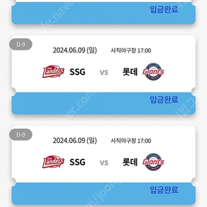 6/9(일) 롯데자이언츠 VS SSG랜더스 1루내야필드석 2연석 양도해요~