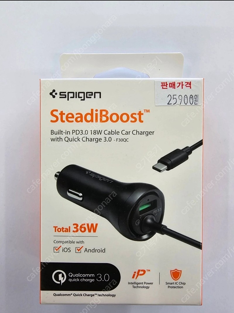 [미개봉] 슈피겐 USB PD 36W C타입 케이블일체형 차량용 고속충전기 시거잭 F30QC 팝니다.