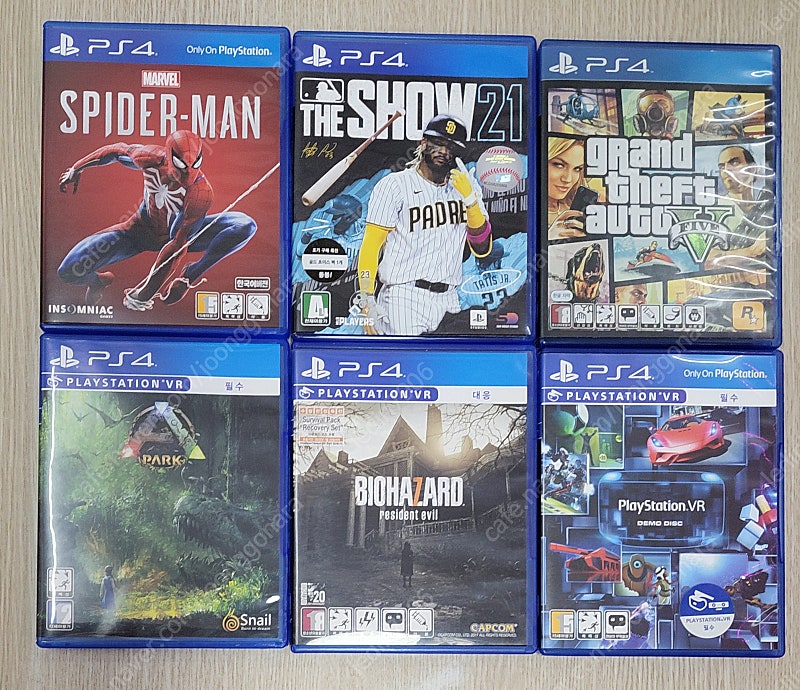 ps4 마블스파이더맨, mlb 더쇼 21 , gta5 , 아크파크,바하7,psvr demo 디스크