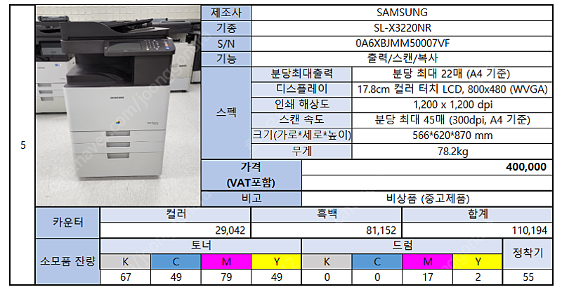 삼성 A3 칼라 복사기 스캐너 프린트 팩스 기능있음 40만원