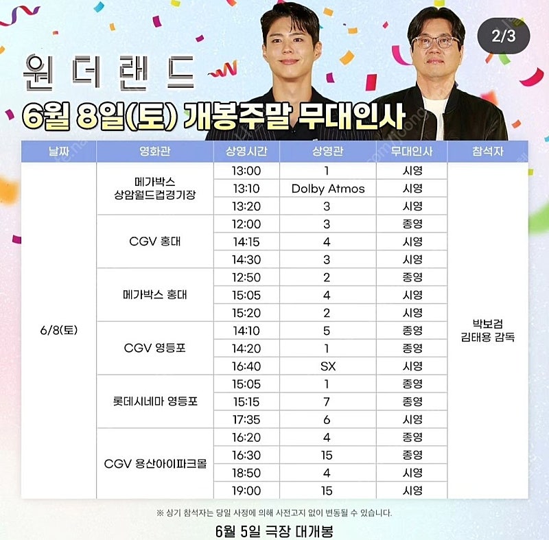 [ 원더랜드 무대인사 ] 6/8 메가박스 상암월드컵경기장 2연석 정가양도합니다