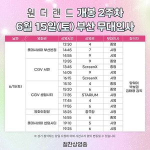 [무대인사]원더랜드 중앙 E열 2연석 6/15(토) 롯데시네마 부산본점