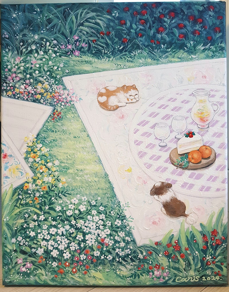 꽃그림 소풍 피크닉 케이크 강아지 고양이 액자 풍경