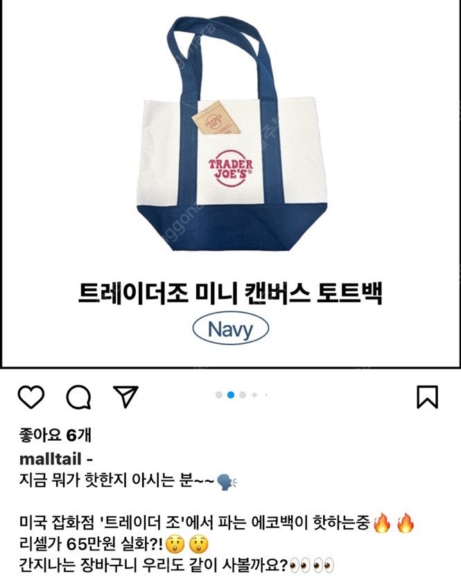 미국 트레이더조 한정판 미니 캔버스 토트백