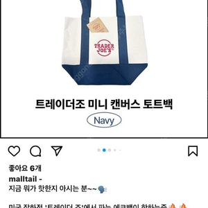 미국 트레이더조 한정판 미니 캔버스 토트백