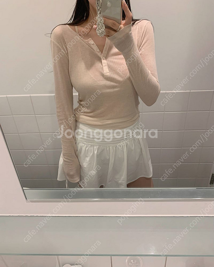 리즈 슬리브버튼티 피치--0