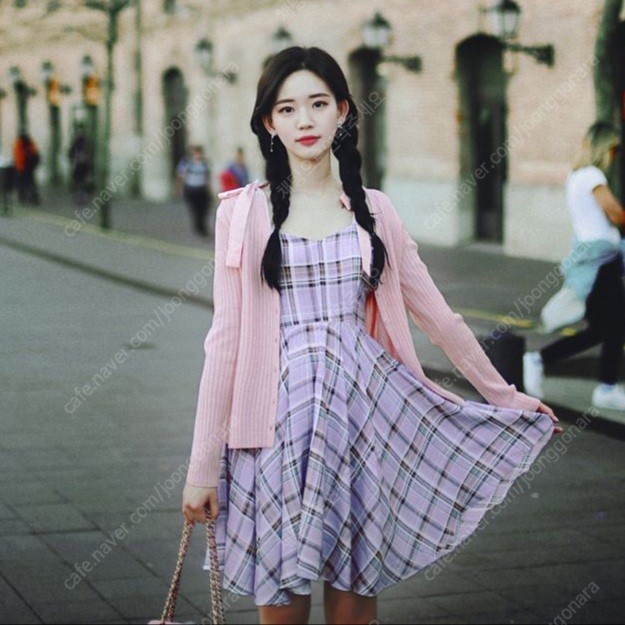 밀크코코아 Amelie dress line.pink ribbon lavender check dress 원피스