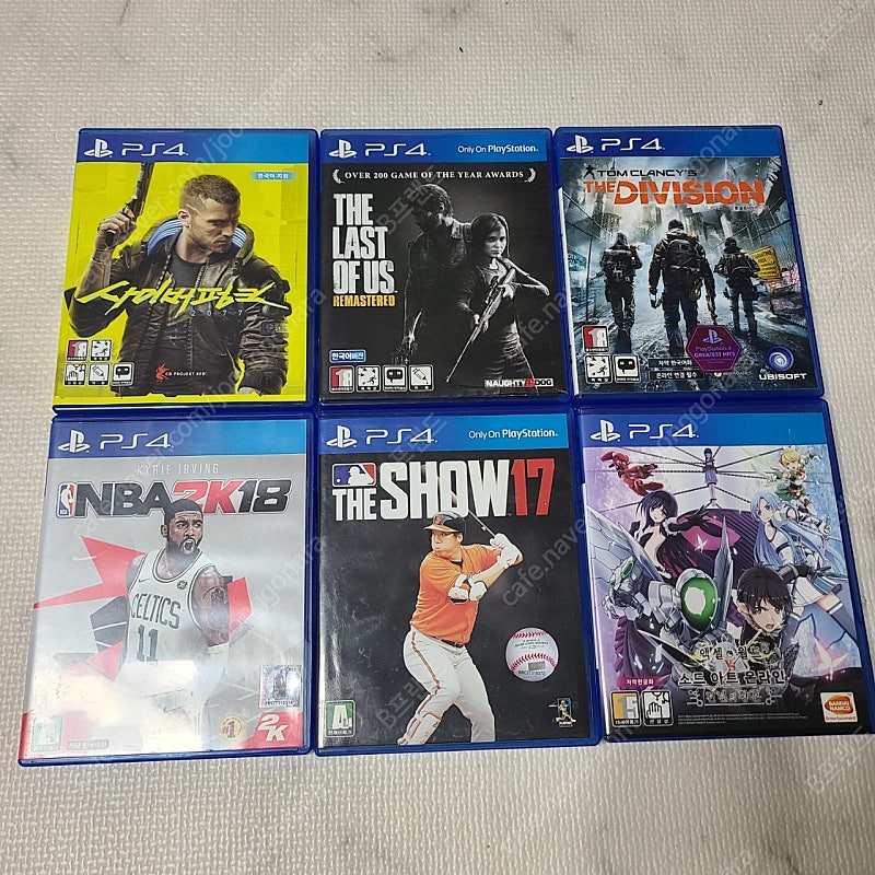 플스4 PS4 게임CD 6개 일괄판매 사이버펑크2077, 라스트오브어스 리마스터, 탐클랜시 디비젼, NBA2K18, SHOW17, 소드아트온라인