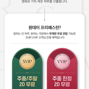 CGV VVIP 원데이 프리패스 1인 주중 무료+포토플레이 1매 제공