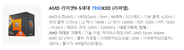 AMD 라이젠9-5세대 7950X3D (라파엘) (정품)미개봉 신품 판매합니다