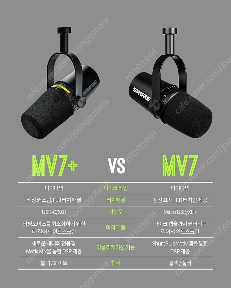 SHURE MV7+(플러스) 슈어 팟캐스트 XLR, USB-C 하이브리드 듀얼 마이크 (블랙)