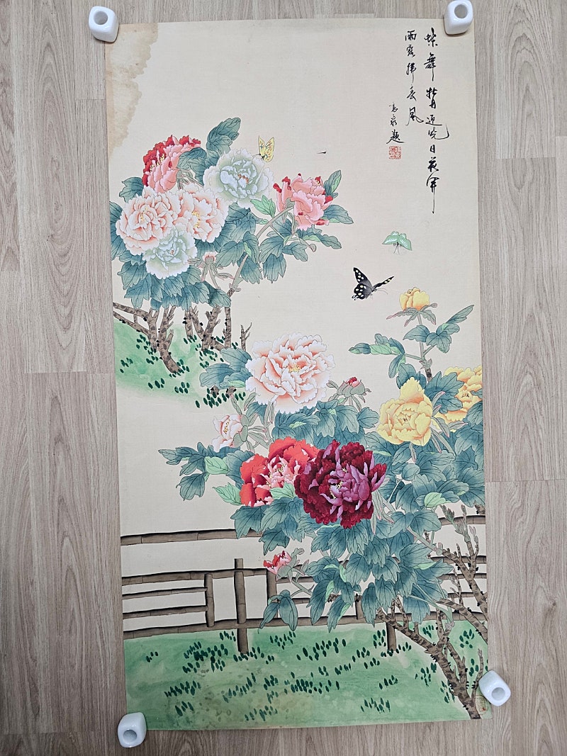 오래된 동양화 화조도 나비 낙질그림 112x58cm