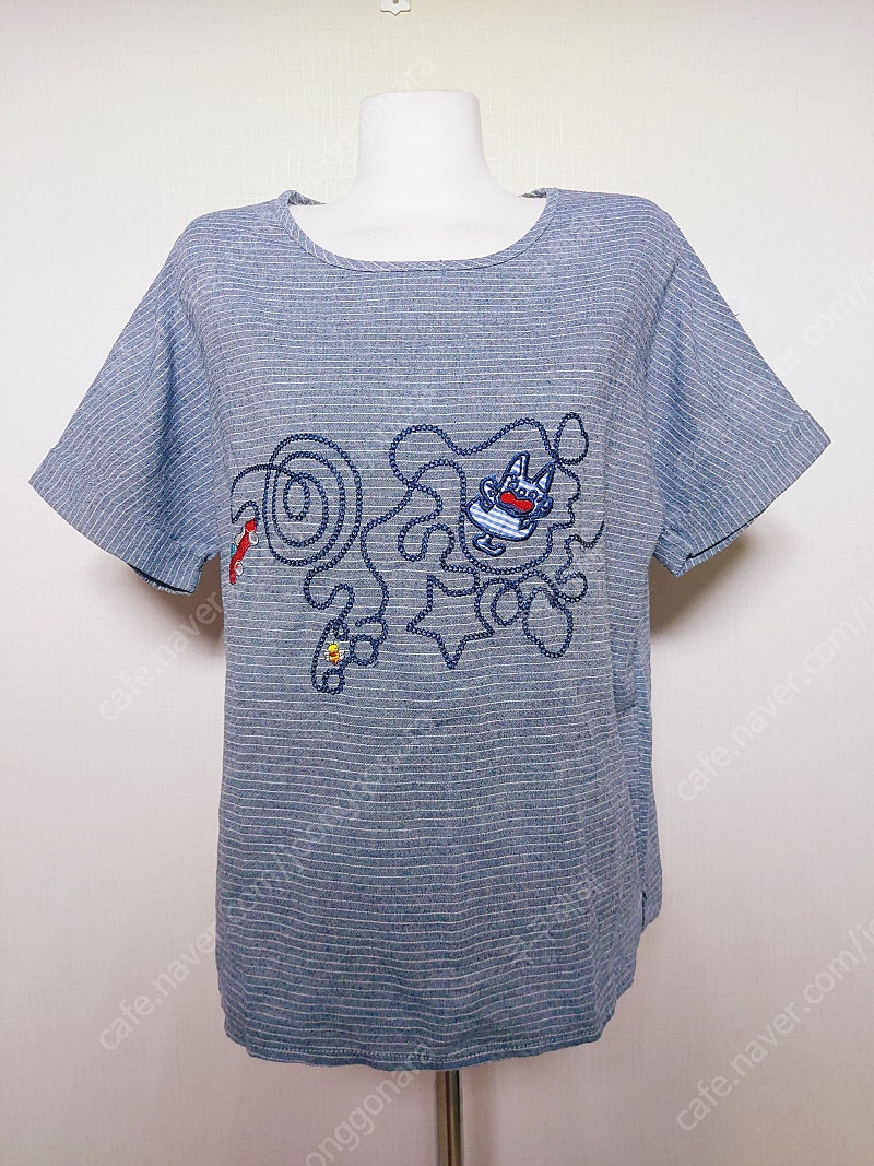 비지트 데님 반팔 티셔츠 블루 줄무늬 자수 55~99 블라우스