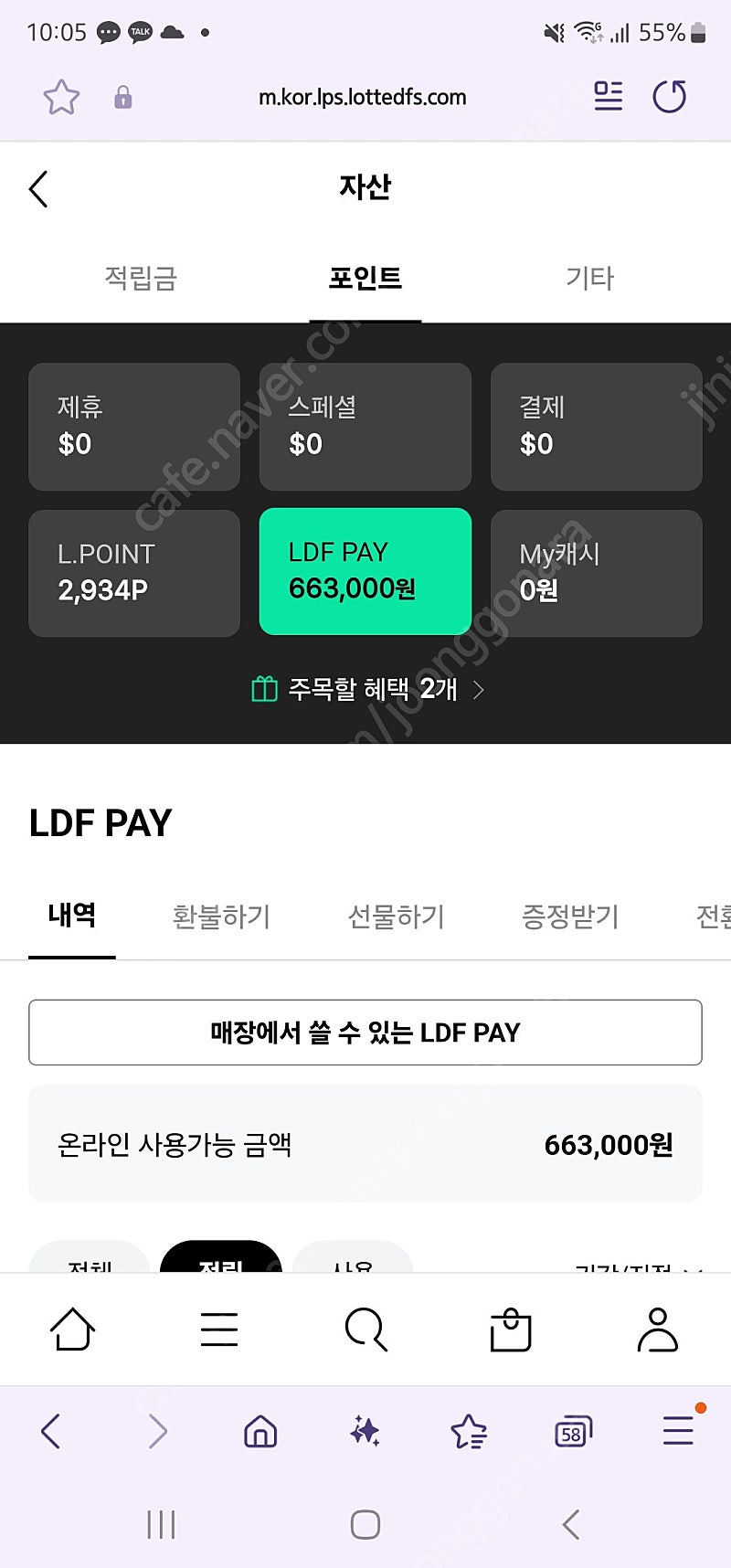 롯데면세점 LDF PAY 66만원 -> 60만원에 팝니다