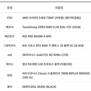 7500/ rtx4060ti 고사양 게이밍 pc 본체 판매 합니다(상태 매우 좋음)