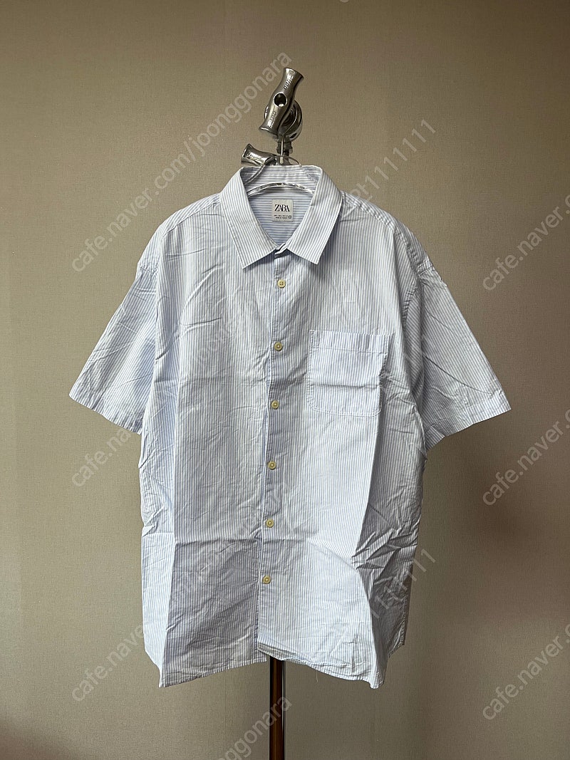 [자라] 남자 오버핏 봄 가을 여름 반팔 스트라이프 셔츠 / 스카이블루 / USA L