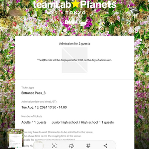 팀랩 플래닛 도쿄 입장권 판매 (8/13)