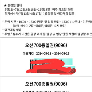 오션700 8/12 당일입장권2매 판매합니다