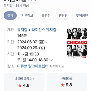 시카고 뮤지컬 티켓 2연석 8월 17일 토요일 양도