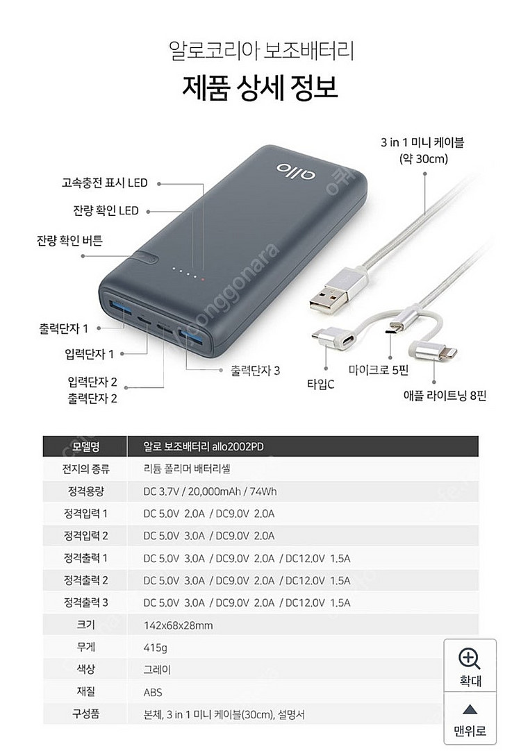 알로 보조배터리 20000mAh 팔아요. (미사용)--3