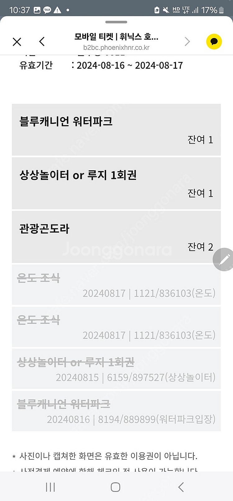 8월17일 휘닉스파크 곤돌라 티켓 4매 팝니다--0