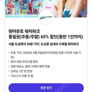 원마운트 워터파크 종일권 65%할인 (동반1인까지)