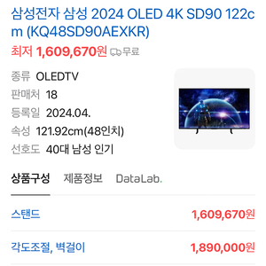 [미개봉 새상품]삼성 48인치 TV 2024 OLED SD90 (122 cm)품번 [KQ48SD90AEXKR] 판매