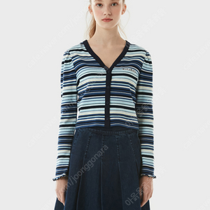 로라로라 puff sleeve stripe button t shirt blue