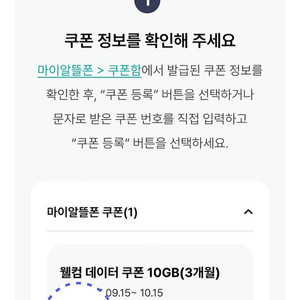 KT 알뜰폰 데이터 쿠폰 10기가 (KT M모바일 가능)