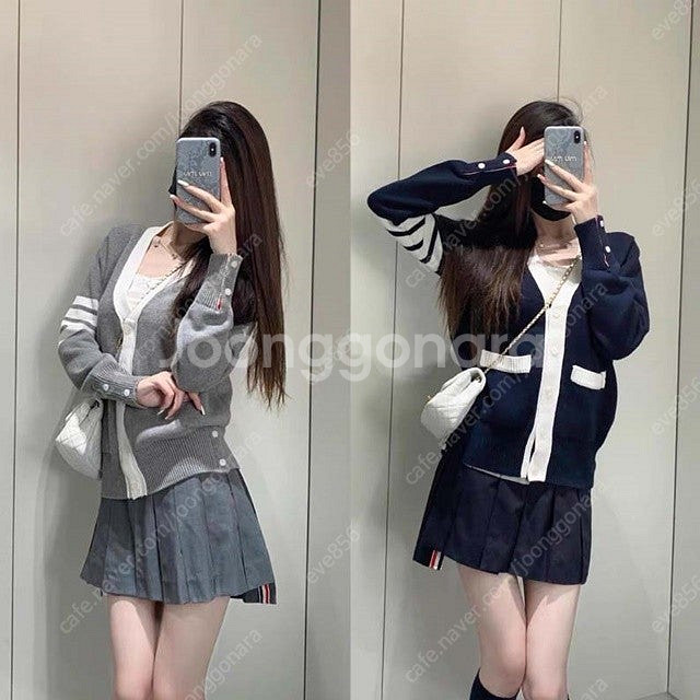 톰브라운 사선 강아지 브이넥 여성 가디건 2칼라--1