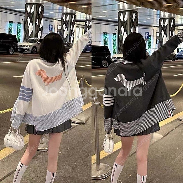 톰브라운 사선 강아지 루즈핏 여성 브이넥 가디건 2칼라--2