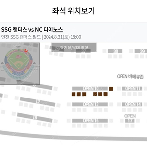 (정가)8/31(토) SSG랜더스 vs NC다이노스 OPEN 바베큐석 7석 판매